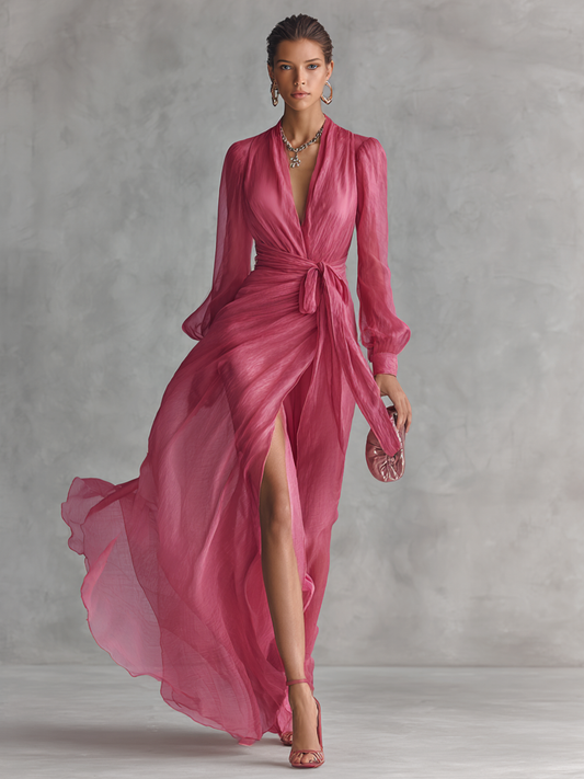 Ava | Women's Flowing High-Slit Chiffon V-Neck Tie Waist Maxi Dress