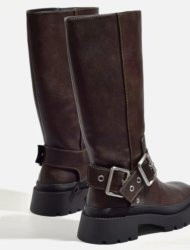Women's Knee High Buckle Flat Boots