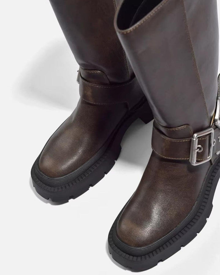 Women's Knee High Buckle Flat Boots