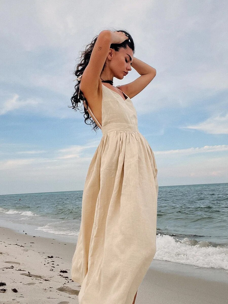 Abigail | Women's Linen Holiday Spaghettistraps Dress