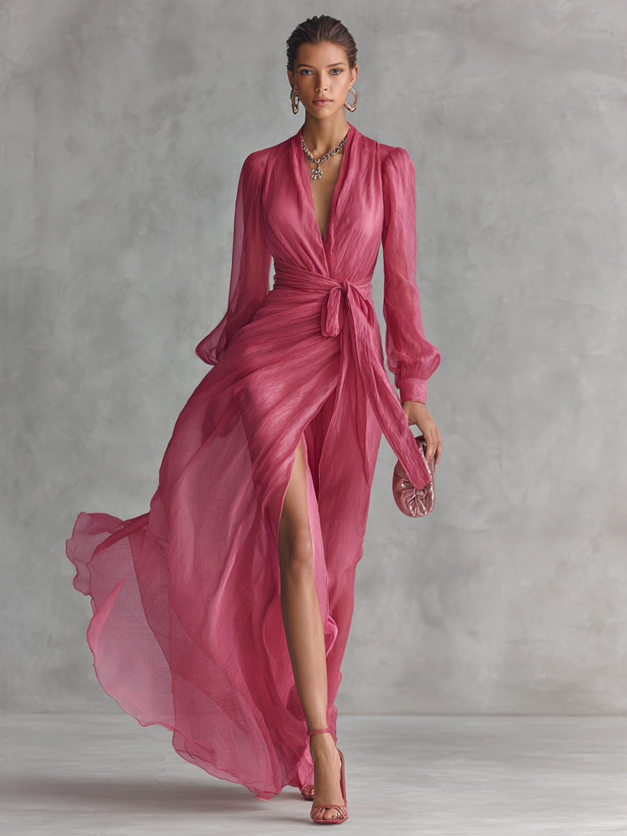 Ava | Women's Flowing High-Slit Chiffon V-Neck Tie Waist Maxi Dress