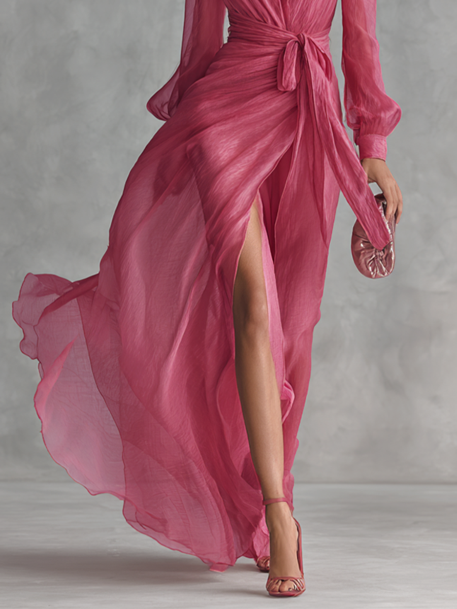 Ava | Women's Flowing High-Slit Chiffon V-Neck Tie Waist Maxi Dress