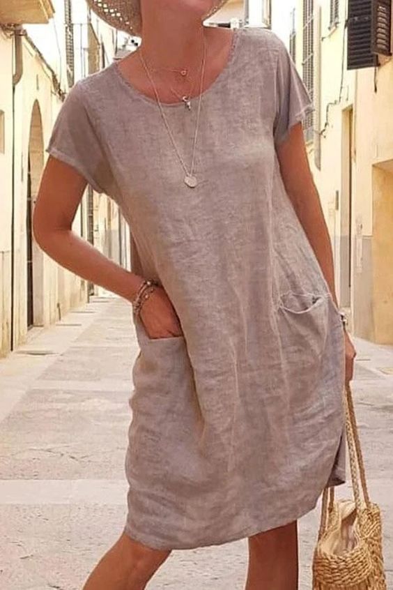Cordelia | Women's Casual Round Neck Linen Dress with Side Pockets