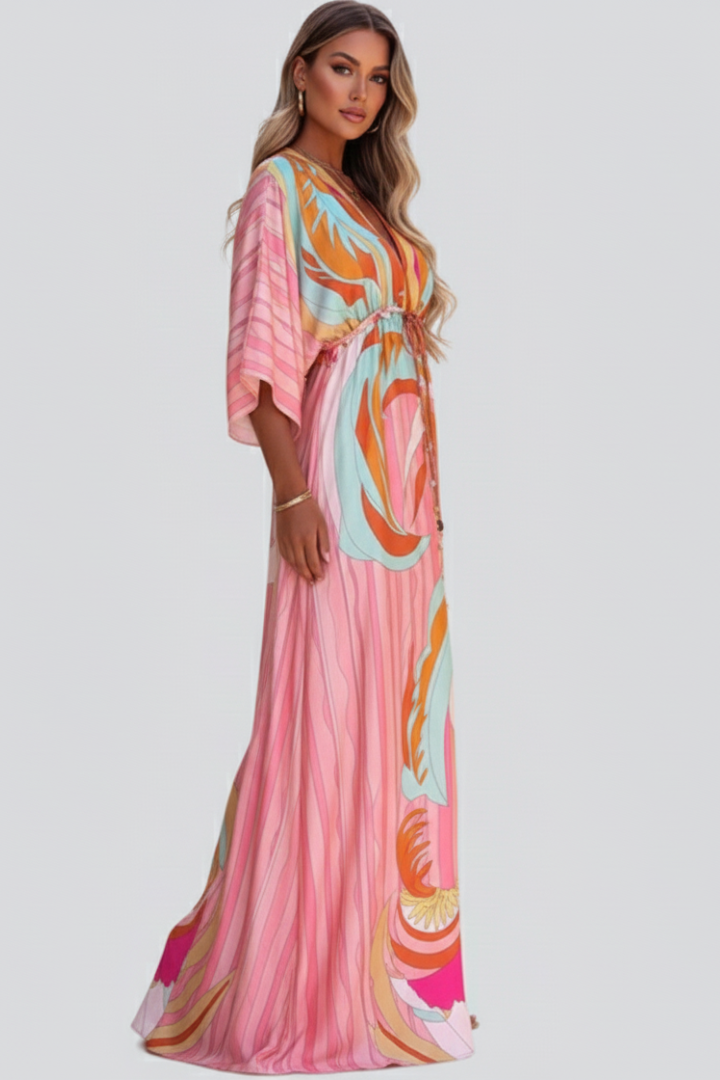 Deborah | Women's Flowing Printed Summer Dress with Batwing Sleeves