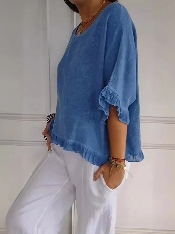 Emma | Women's Round Neck Linen Summer Blouse