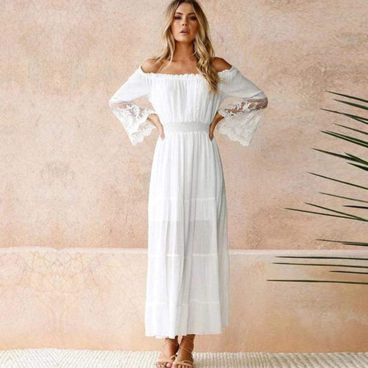 Florence | Women's Flowing Lace-Trimmed Elegant Off-Shoulder Summer Dress