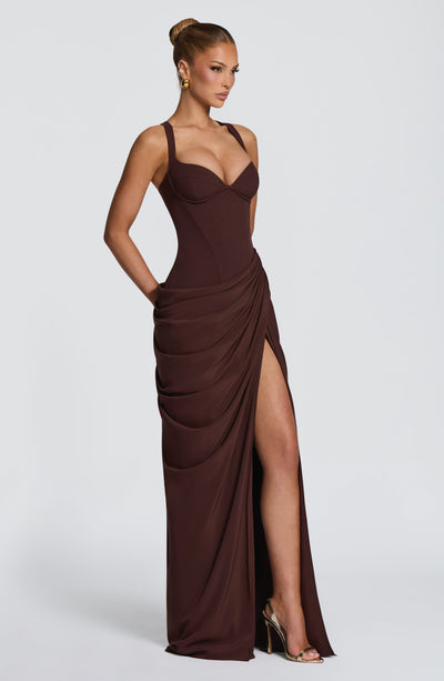 Jessica | Women's Draped High-Slit Flowy Corset Wedding Guest Dress