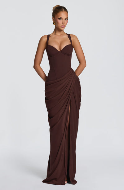 Jessica | Women's Draped High-Slit Flowy Corset Wedding Guest Dress