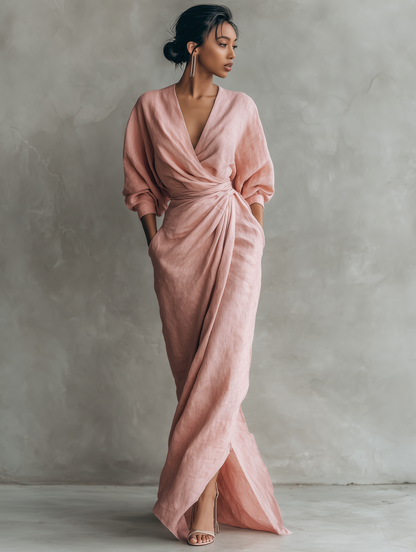 Matilda | Women's V-Neck Wedding Guest Linen Maxi Dress