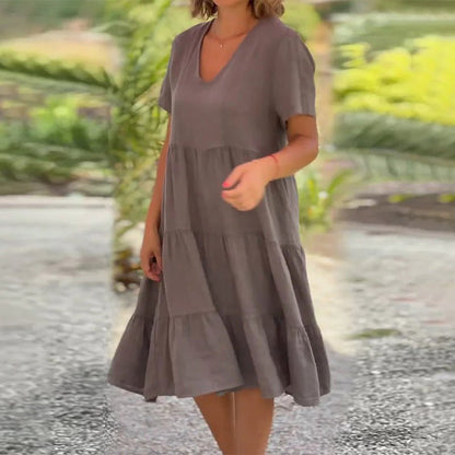 Rachel | Women's Tiered Short Sleeve Linen V-neck Midi Dress