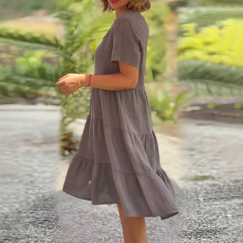 Rachel | Women's Tiered Short Sleeve Linen V-neck Midi Dress