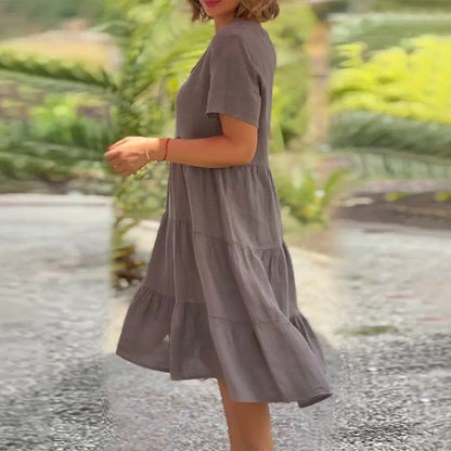 Rachel | Women's Tiered Short Sleeve Linen V-neck Midi Dress