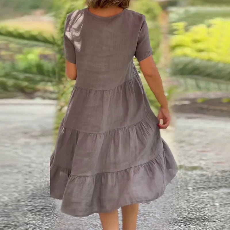 Rachel | Women's Tiered Short Sleeve Linen V-neck Midi Dress