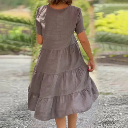 Rachel | Women's Tiered Short Sleeve Linen V-neck Midi Dress