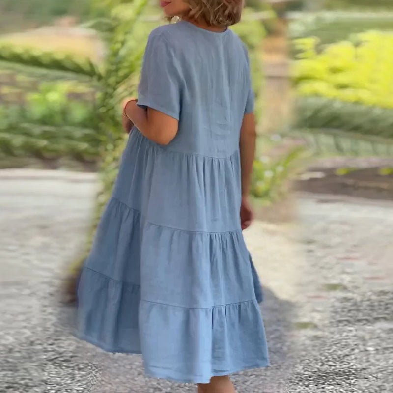 Rachel | Women's Tiered Short Sleeve Linen V-neck Midi Dress