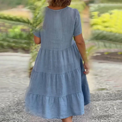 Rachel | Women's Tiered Short Sleeve Linen V-neck Midi Dress