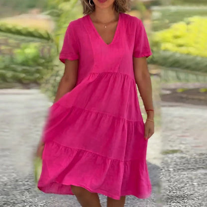 Rachel | Women's Tiered Short Sleeve Linen V-neck Midi Dress