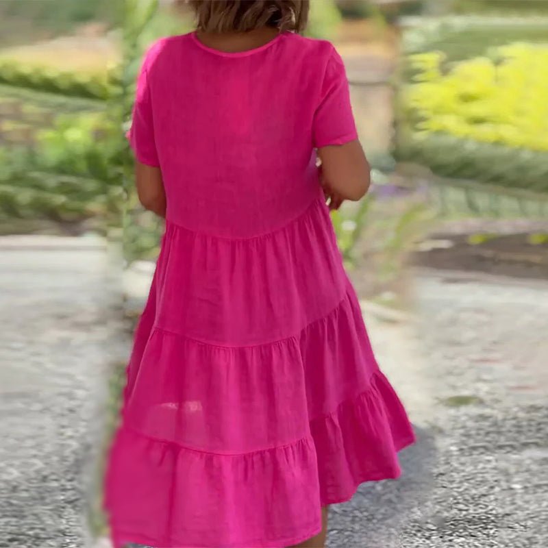 Rachel | Women's Tiered Short Sleeve Linen V-neck Midi Dress