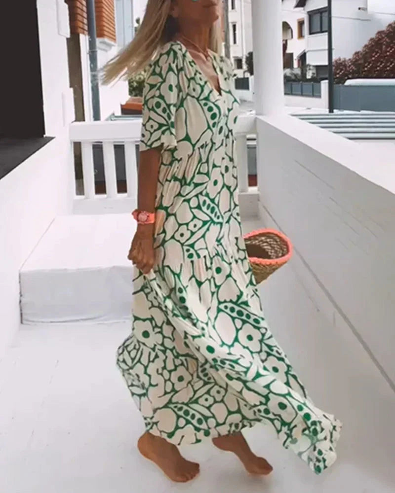 Sandra | Women's Flowing Tiered Printed V-neck Summer Dress