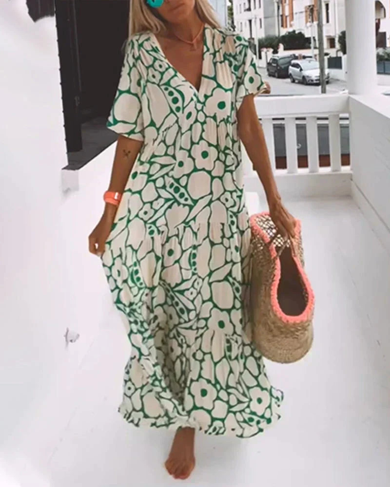 Sandra | Women's Flowing Tiered Printed V-neck Summer Dress