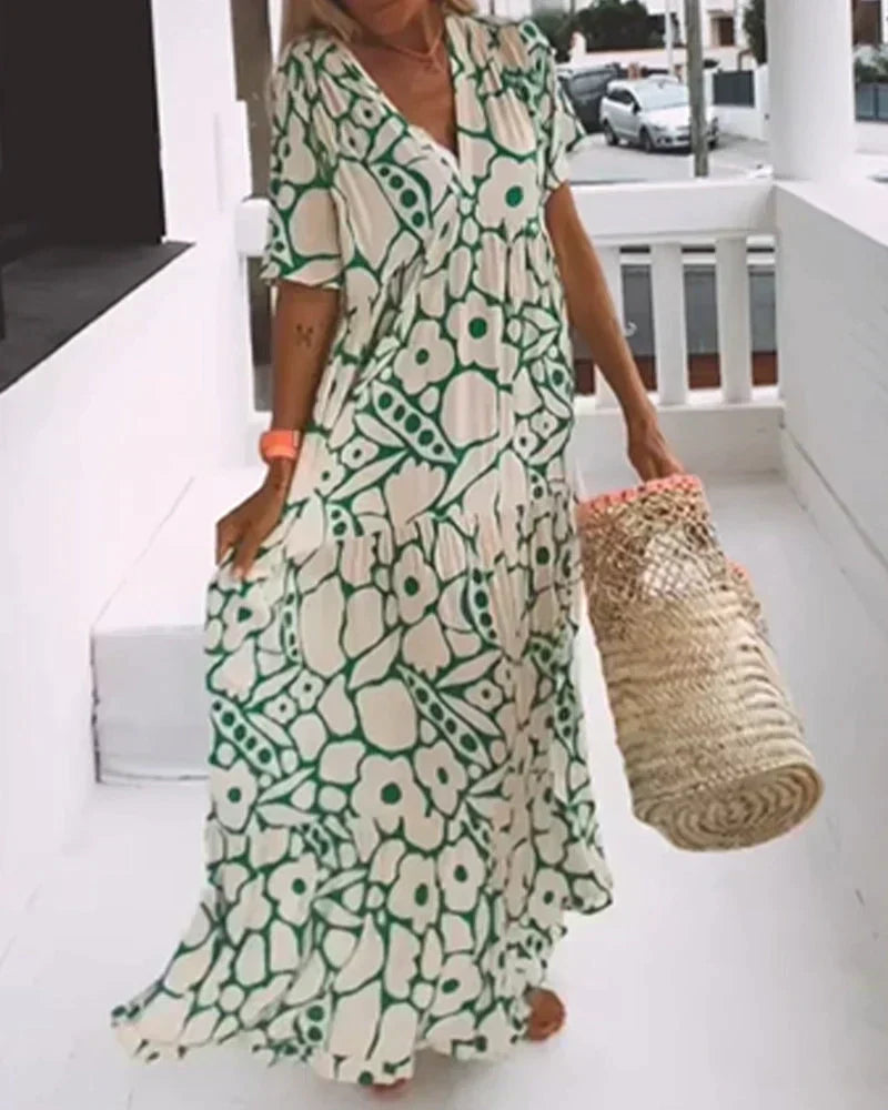 Sandra | Women's Flowing Tiered Printed V-neck Summer Dress