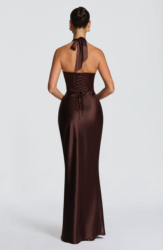 Sophie | Women's Plunging Halter Satin Wedding Guest Dress