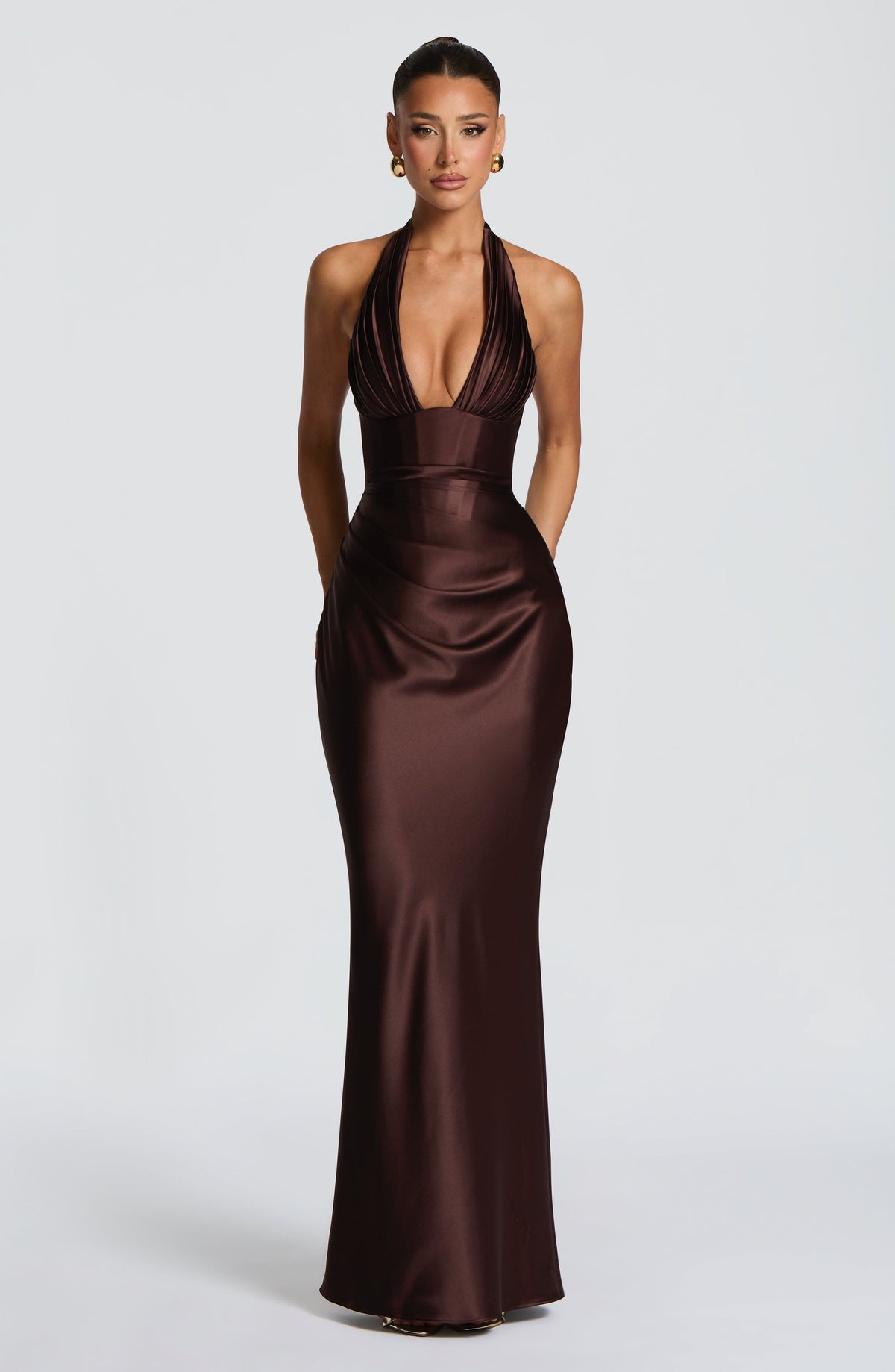Sophie | Women's Plunging Halter Satin Wedding Guest Dress