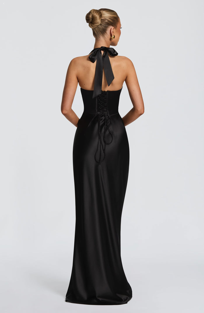 Sophie | Women's Plunging Halter Satin Wedding Guest Dress