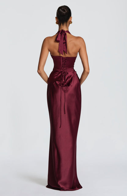 Sophie | Women's Plunging Halter Satin Wedding Guest Dress