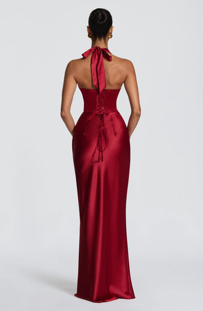 Sophie | Women's Plunging Halter Satin Wedding Guest Dress