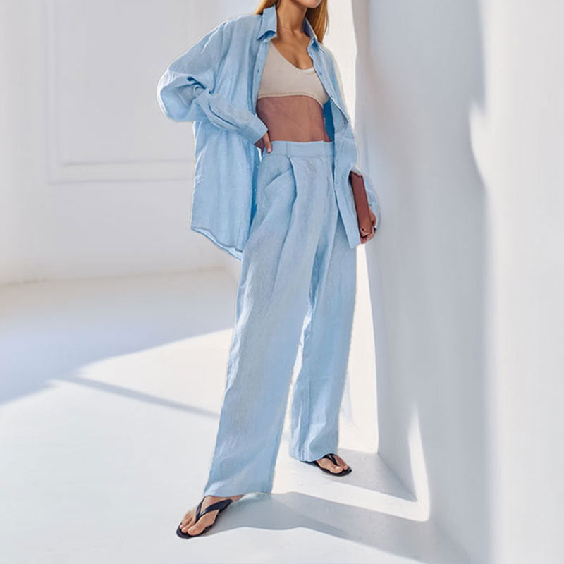 Summer | Women's Linen Two Piece Shirt Set Relaxed Blue
