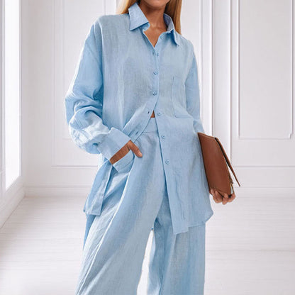 Summer | Women's Linen Two Piece Shirt Set Relaxed Blue