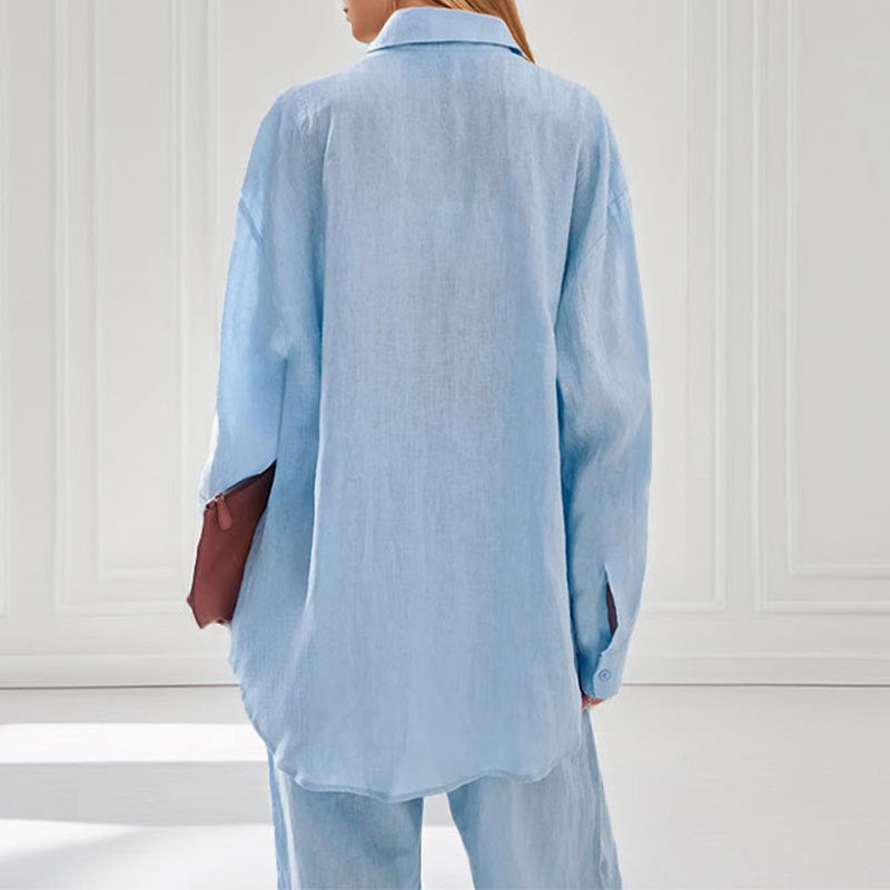 Summer | Women's Linen Two Piece Shirt Set Relaxed Blue