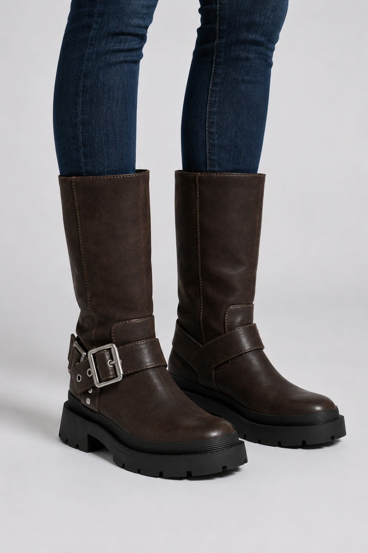 Women's Knee High Buckle Flat Boots