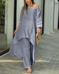 Violet | Women's Classic Round Neck Long Linen Set